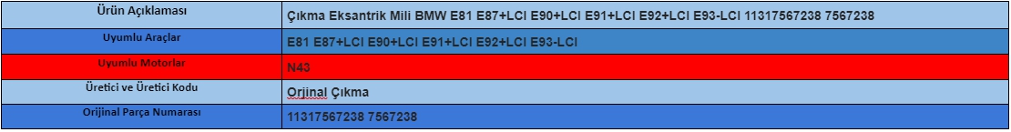 Çıkma Eksantrik Mili BMW E81 E87+LCI E90+LCI E91+LCI E92+LCI E93-LCI 11317567238 7567238