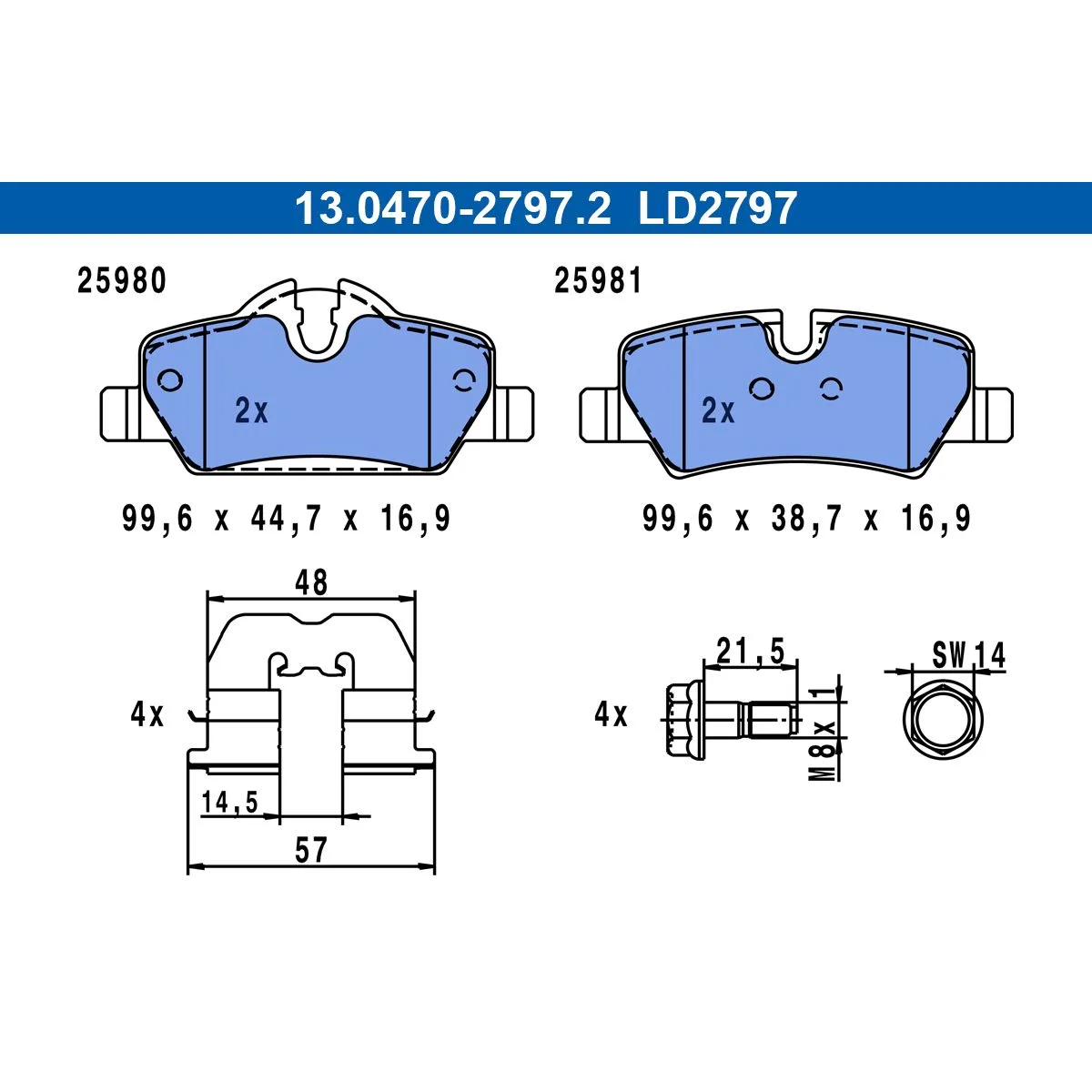 BMW MINI F55 F56 F57 Fren Balatası 34216871299 13.0470-2797.2 ATE - BMW yedek parça