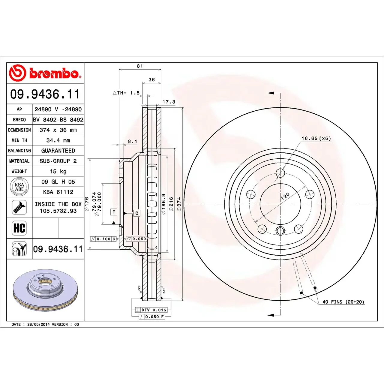 BMW 7 Serisi E65 E66 Ön Fren Diski 34116753091 09.9436.11 BREMBO - BMW yedek parça