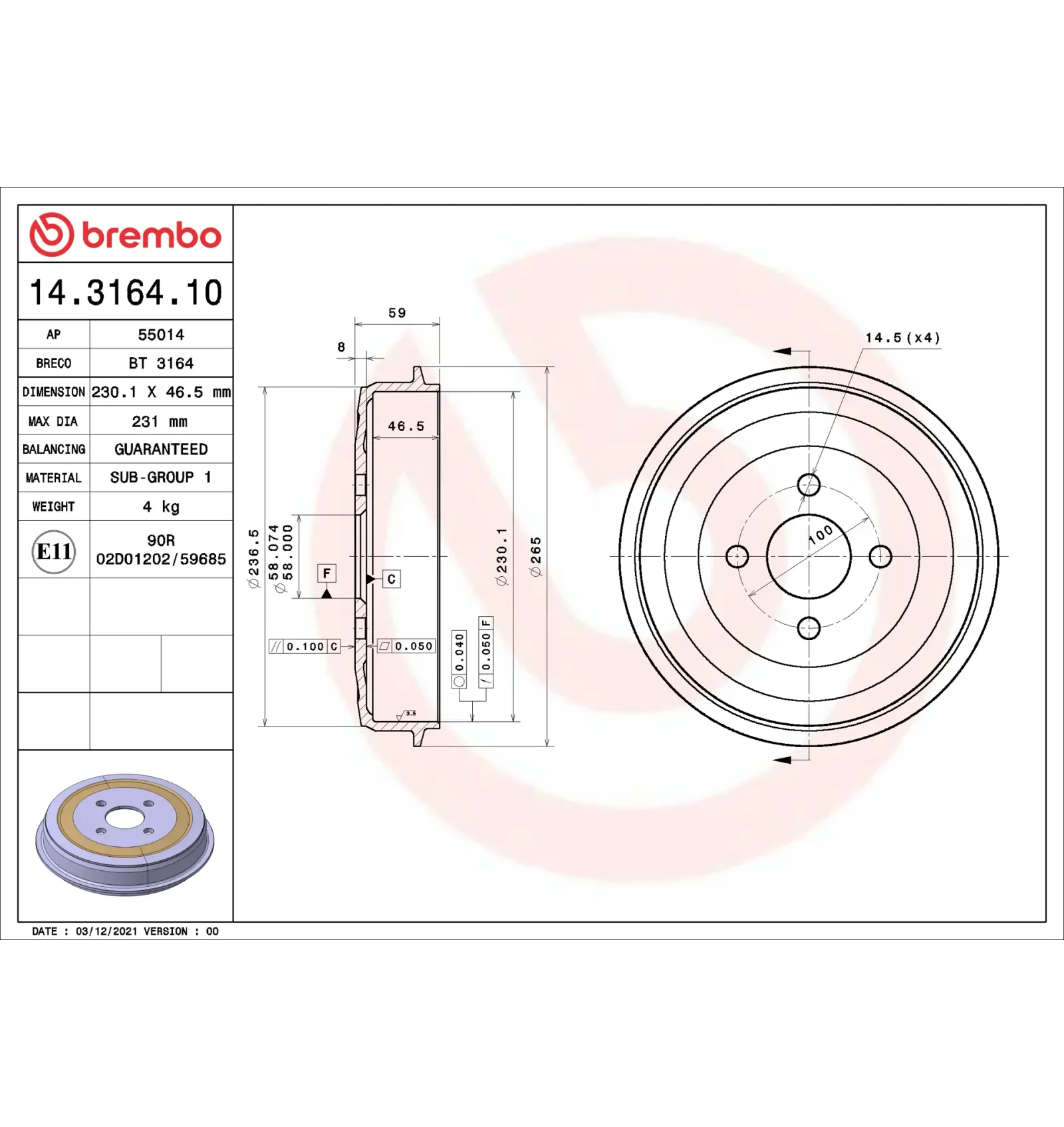 BMW Arka Fren Kampanası 34211101741 14.3164.10 BREMBO - BMW yedek parça
