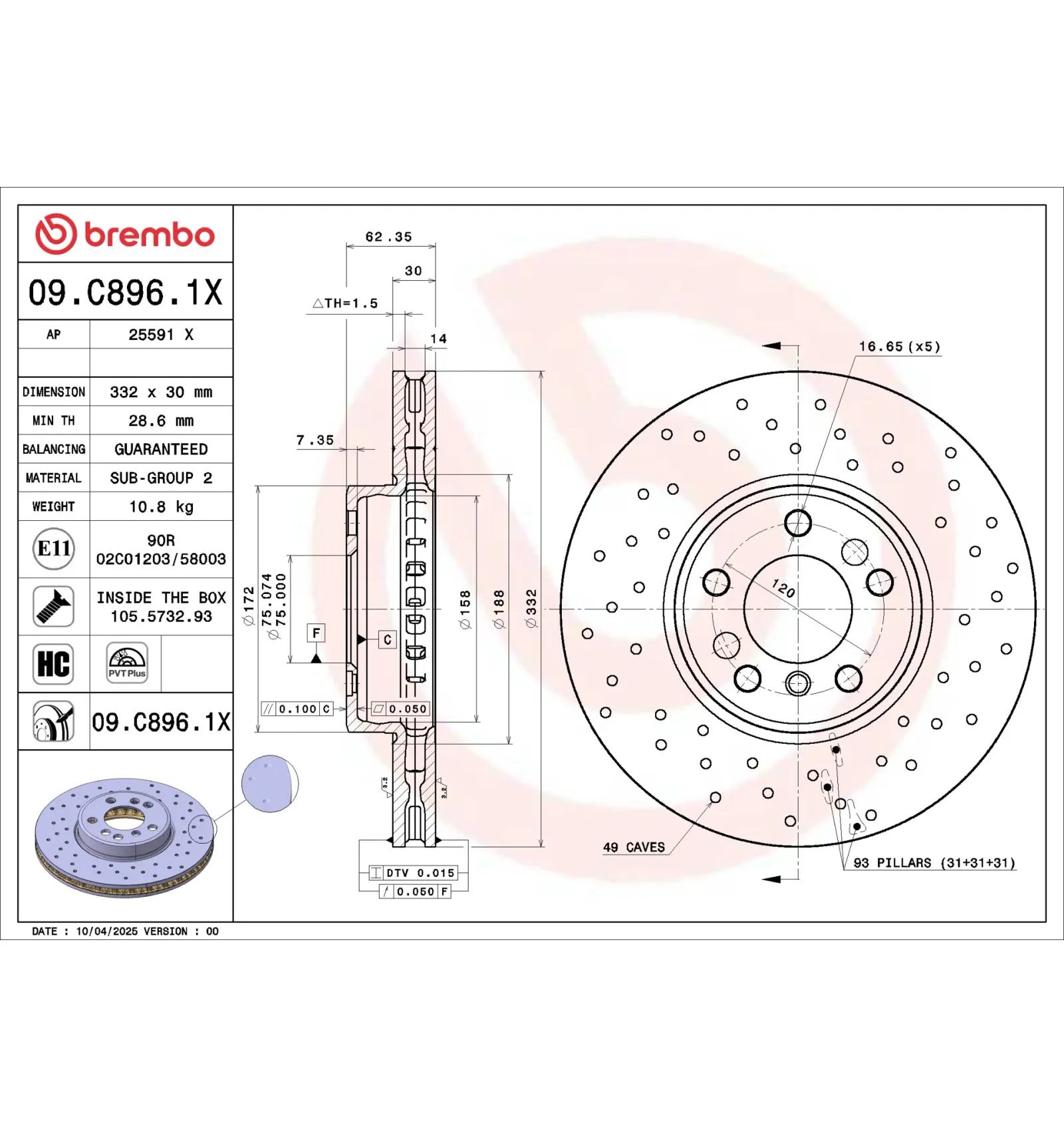 BMW E53 E83 Ön Fren Diski 34116750713 09.C896.1X BREMBO - BMW yedek parça