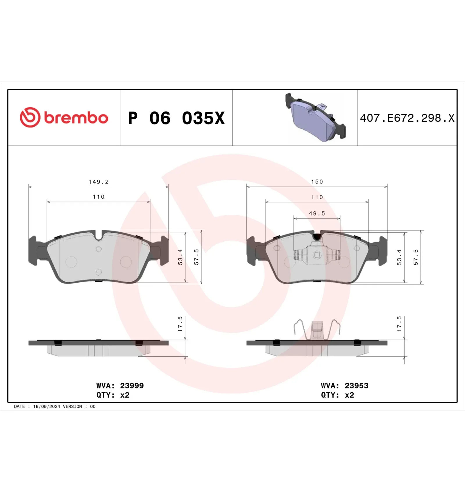 BMW E87 E90 E91 Fren Balatası 34112288849 P 06 035X BREMBO - BMW yedek parça