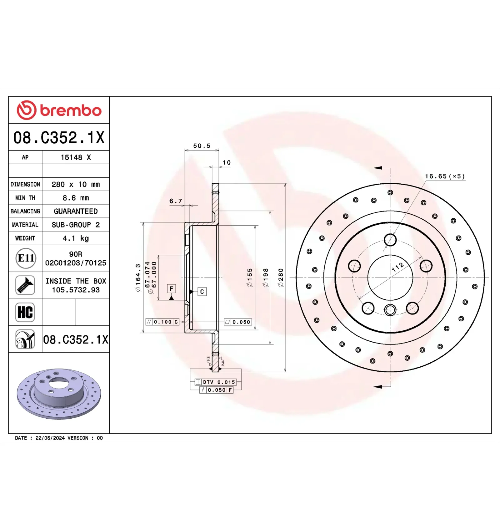 BMW F39 F40 F44 F45… Arka Fren Diski 34206891085 08.C352.1X BREMBO - BMW yedek parça