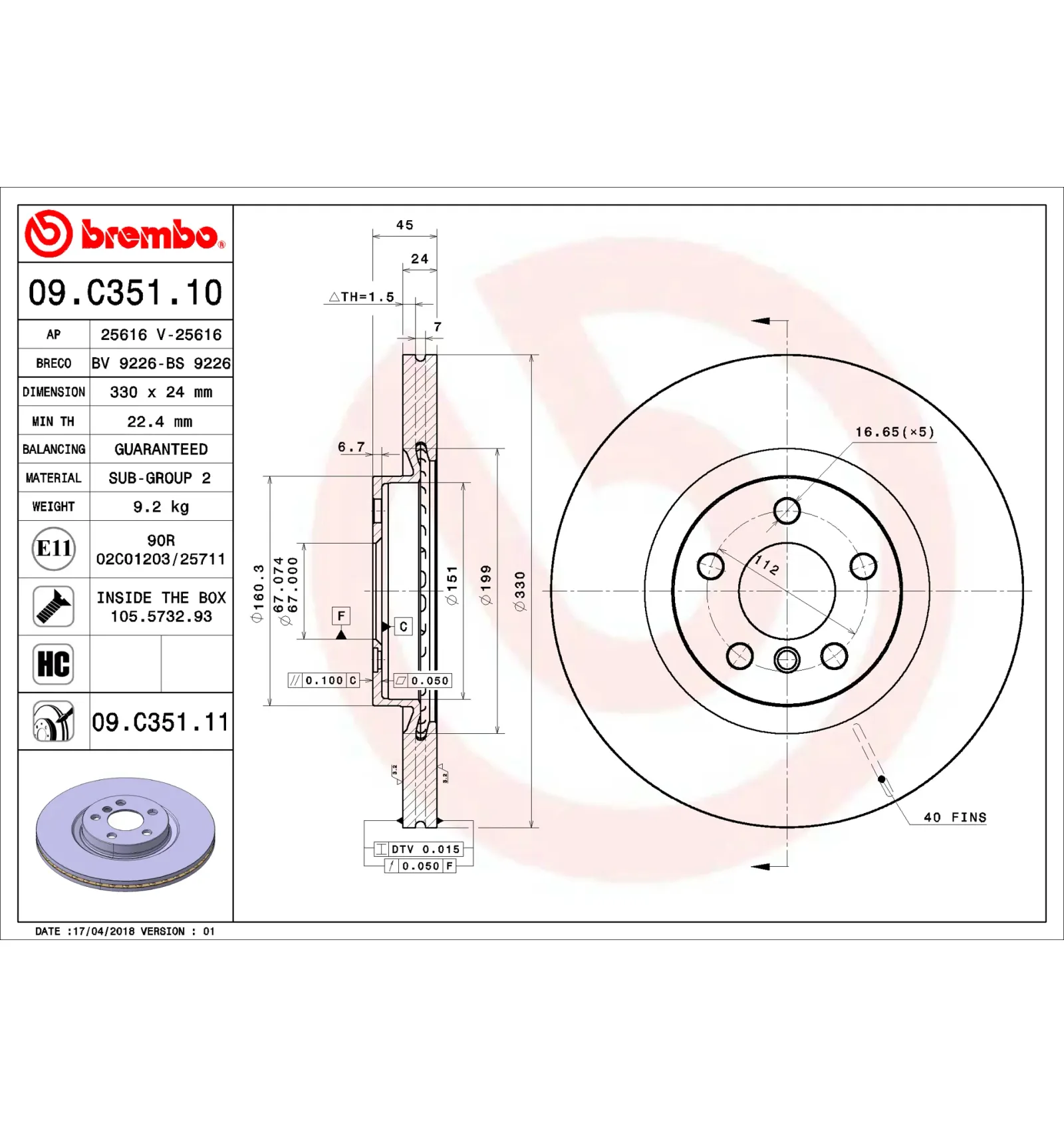 BMW F39 F40 F44 F45… Ön Fren Diski 34106888686 09.C351.11 BREMBO - BMW yedek parça