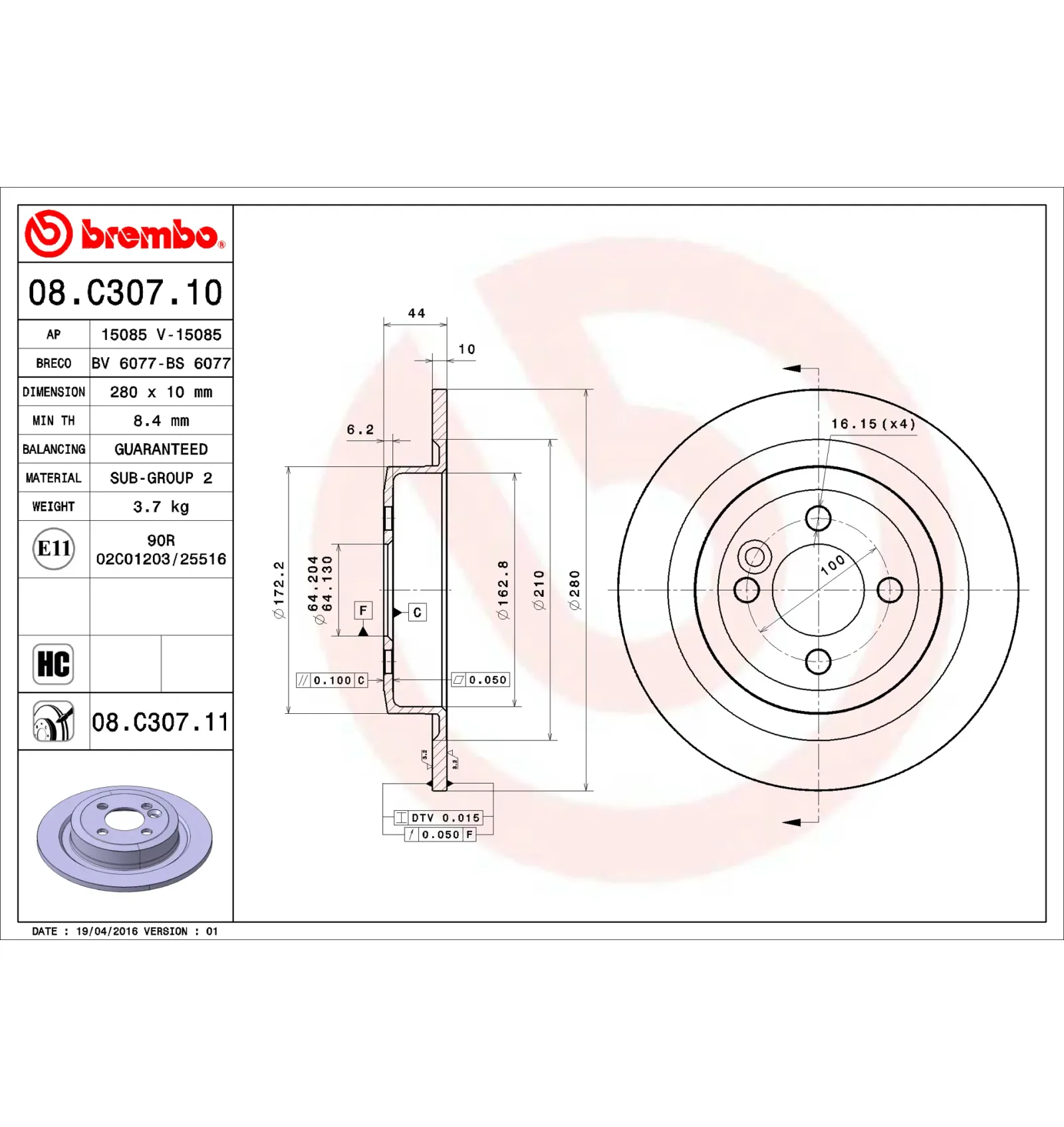 BMW R55 R56 R57 R58… Arka Fren Diski 34216784389 08.C307.11 BREMBO - BMW yedek parça