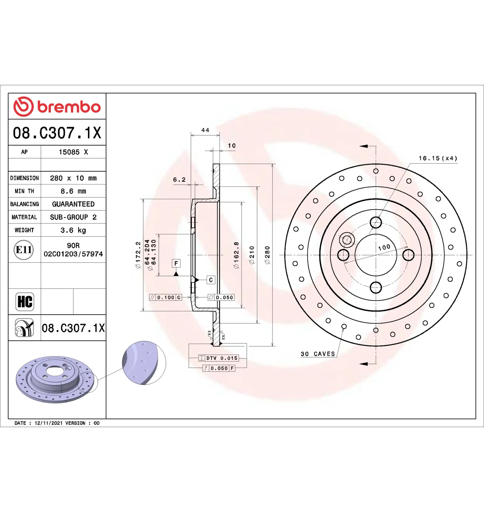 BMW R55 R56 R57 R58… Arka Fren Diski 34216784389 08.C307.1X BREMBO - BMW yedek parça
