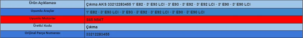 Çıkma AKS 33212283455 1’ E82 · 3’ E93 LCI · 3’ E93 · 3’ E92 · 3’ E92 LCI · 3’ E90 · 3’ E90 LCI 33212283455 - BMW yedek parça