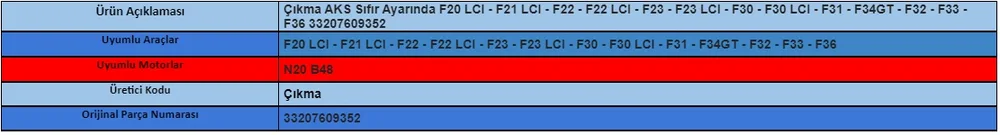 Çıkma AKS Sıfır Ayarında F20 LCI - F21 LCI - F22 - F22 LCI - F23 - F23 LCI - F30 - F30 LCI - F31 - F34GT - F32 - F33 - F36 33207609352 33207609352 - BMW yedek parça
