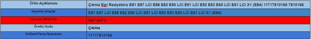 Çıkma Egr Radyatörü E81 E87 LCI E88 E82 E90 LCI E91 LCI E92 E93 E60 LCI E61 LCI X1 (E84) 11717810166 7810166 11717810166 - BMW yedek parça