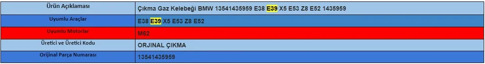 Çıkma Gaz Kelebeği BMW 13541435959 E38 E39 X5 E53 Z8 E52 1435959 13541435959 - BMW yedek parça
