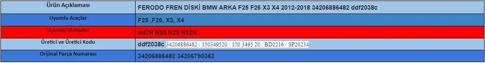 FERODO FREN DİSKİ BMW ARKA F25 F26 X3 X4 2012-2018 34206886482 ddf2038c 34206886482 - BMW yedek parça